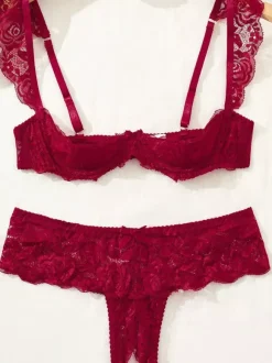 Crotchless Cupless 2-Piece Lingerie Bows Red Bra Panty Sets