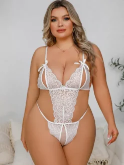 Crotchless Lingerie Plus Size Teddies Lingerie White Bows Backless Sexy Teddies For Women