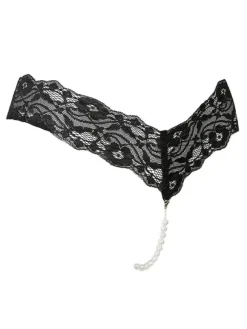 Crotchless Lingerie Red Lace Thong Pearls Women Sexy Panties