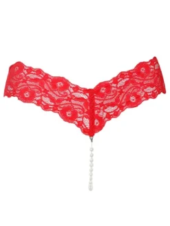 Crotchless Lingerie Red Lace Thong Pearls Women Sexy Panties