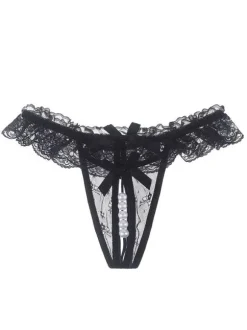 Crotchless Lingerie Women Panties Women Lace Bows Pearls Cutout T Back Sexy Lingerie
