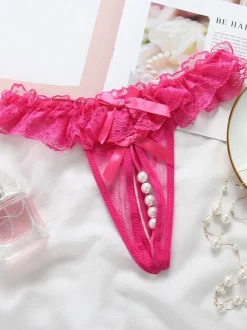 Crotchless Lingerie Women Panties Women Lace Bows Pearls Cutout T Back Sexy Lingerie