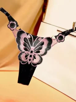 Crotchless Thong Lace Dating Black Floral Embroidery Woman's Lingerie Panties