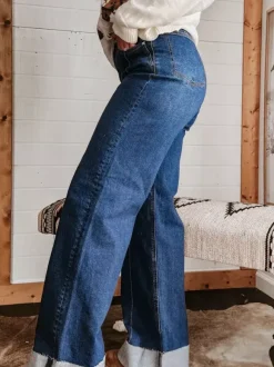 Cuffed Wide Leg Jeans For Women - Blue Western Boho Seam Front High Waist Straight Denim - Spring Casual Cowgirl Streetwear 2026