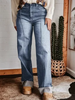Cuffed Wide Leg Jeans For Women - Blue Western Boho Seam Front High Waist Straight Denim - Spring Casual Cowgirl Streetwear 2026