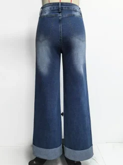 Cuffed Wide Leg Jeans For Women - Blue Western Boho Seam Front High Waist Straight Denim - Spring Casual Cowgirl Streetwear 2026
