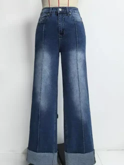 Cuffed Wide Leg Jeans For Women - Blue Western Boho Seam Front High Waist Straight Denim - Spring Casual Cowgirl Streetwear 2026