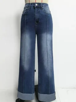 Cuffed Wide Leg Jeans For Women - Blue Western Boho Seam Front High Waist Straight Denim - Spring Casual Cowgirl Streetwear 2026