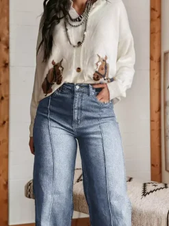 Cuffed Wide Leg Jeans For Women - Blue Western Boho Seam Front High Waist Straight Denim - Spring Casual Cowgirl Streetwear 2026