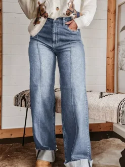 Cuffed Wide Leg Jeans For Women - Blue Western Boho Seam Front High Waist Straight Denim - Spring Casual Cowgirl Streetwear 2026