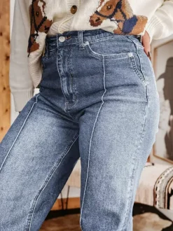 Cuffed Wide Leg Jeans For Women - Blue Western Boho Seam Front High Waist Straight Denim - Spring Casual Cowgirl Streetwear 2026