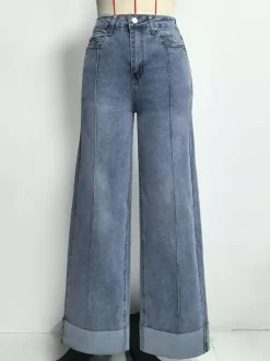 Cuffed Wide Leg Jeans For Women - Blue Western Boho Seam Front High Waist Straight Denim - Spring Casual Cowgirl Streetwear 2026