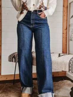 Cuffed Wide Leg Jeans For Women - Blue Western Boho Seam Front High Waist Straight Denim - Spring Casual Cowgirl Streetwear 2026