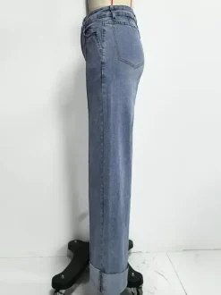 Cuffed Wide Leg Jeans For Women - Blue Western Boho Seam Front High Waist Straight Denim - Spring Casual Cowgirl Streetwear 2026