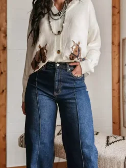 Cuffed Wide Leg Jeans For Women - Blue Western Boho Seam Front High Waist Straight Denim - Spring Casual Cowgirl Streetwear 2026