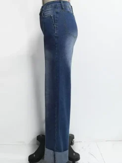 Cuffed Wide Leg Jeans For Women - Blue Western Boho Seam Front High Waist Straight Denim - Spring Casual Cowgirl Streetwear 2026
