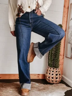 Cuffed Wide Leg Jeans For Women - Blue Western Boho Seam Front High Waist Straight Denim - Spring Casual Cowgirl Streetwear 2026