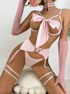 Cupless Lingerie Lace Up Black 3-Piece Bra Panty Sets