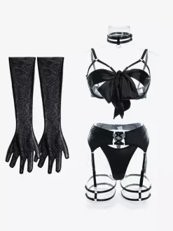 Cupless Lingerie Lace Up Black 3-Piece Bra Panty Sets