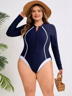 Curvy Long Sleeve Zip Front Contrast Line One Piece Swimsuit
