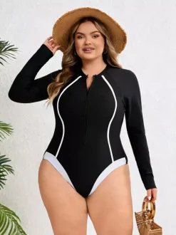 Curvy Long Sleeve Zip Front Contrast Line One Piece Swimsuit