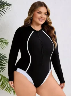 Curvy Long Sleeve Zip Front Contrast Line One Piece Swimsuit