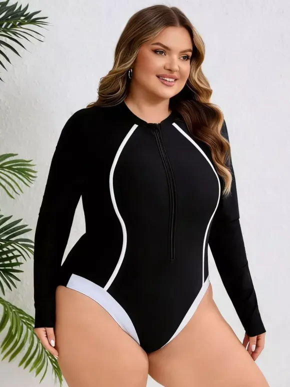 Curvy Long Sleeve Zip Front Contrast Line One Piece Swimsuit