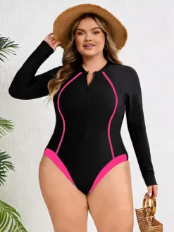 Curvy Long Sleeve Zip Front Contrast Line One Piece Swimsuit
