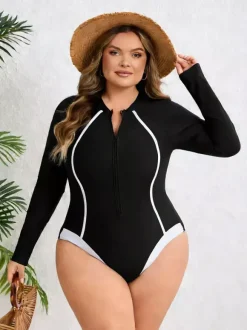Curvy Long Sleeve Zip Front Contrast Line One Piece Swimsuit