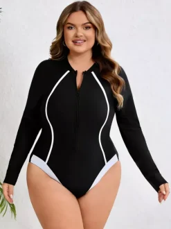 Curvy Long Sleeve Zip Front Contrast Line One Piece Swimsuit