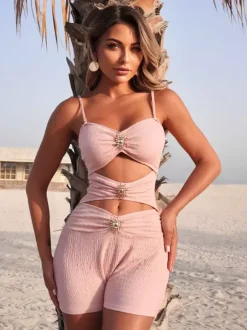 Cut Out One Piece Swimsuit For Women - Textured Ruched High Waist With Sun Buckle Monokini - Summer Beach Resort 2026