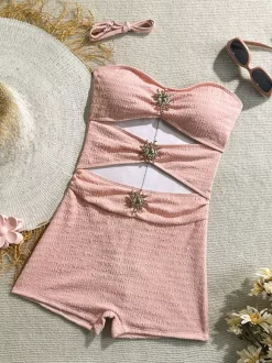 Cut Out One Piece Swimsuit For Women - Textured Ruched High Waist With Sun Buckle Monokini - Summer Beach Resort 2026