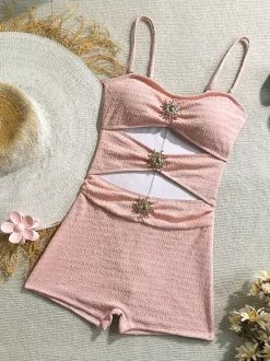 Cut Out One Piece Swimsuit For Women - Textured Ruched High Waist With Sun Buckle Monokini - Summer Beach Resort 2026