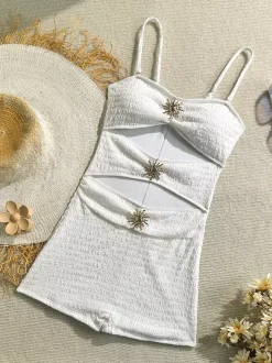 Cut Out One Piece Swimsuit For Women - Textured Ruched High Waist With Sun Buckle Monokini - Summer Beach Resort 2026
