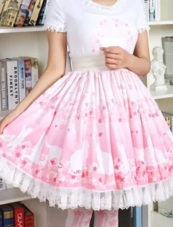 Cute Lolita Dress Pink Sakura Kitty Printed Lolita Skirt With White Lace Trim Shirring