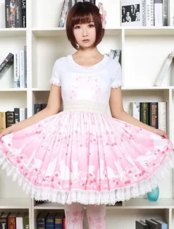 Cute Lolita Dress Pink Sakura Kitty Printed Lolita Skirt With White Lace Trim Shirring