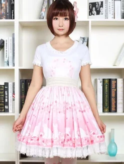 Cute Lolita Dress Pink Sakura Kitty Printed Lolita Skirt With White Lace Trim Shirring