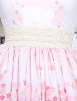Cute Lolita Dress Pink Sakura Kitty Printed Lolita Skirt With White Lace Trim Shirring