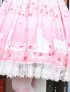 Cute Lolita Dress Pink Sakura Kitty Printed Lolita Skirt With White Lace Trim Shirring