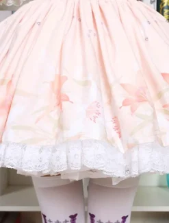 Cute Lolita Dress Sweet Pink Flower Printed Qi Lolita Lace Trim Skirt With Suspender