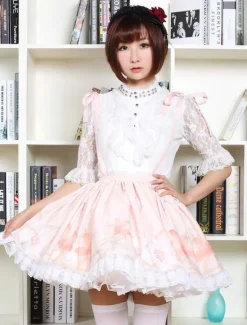 Cute Lolita Dress Sweet Pink Flower Printed Qi Lolita Lace Trim Skirt With Suspender