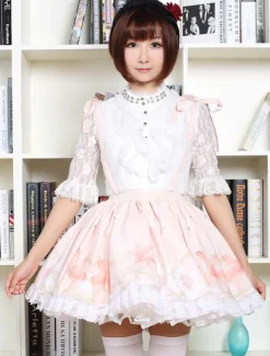 Cute Lolita Dress Sweet Pink Flower Printed Qi Lolita Lace Trim Skirt With Suspender