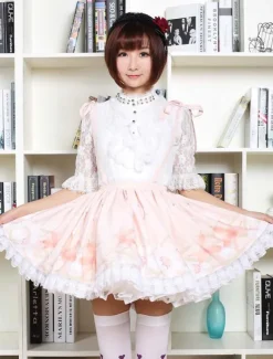 Cute Lolita Dress Sweet Pink Flower Printed Qi Lolita Lace Trim Skirt With Suspender