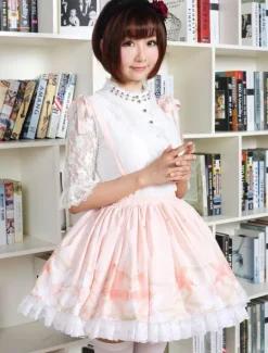 Cute Lolita Dress Sweet Pink Flower Printed Qi Lolita Lace Trim Skirt With Suspender
