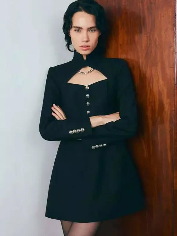 Cutout Long Sleeve Mini Dress For Women - Mock Neck Button Detail Dress - Spring Date Night Party 2026
