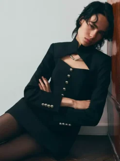 Cutout Long Sleeve Mini Dress For Women - Mock Neck Button Detail Dress - Spring Date Night Party 2026