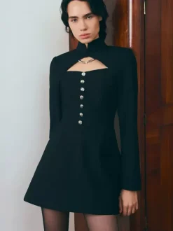 Cutout Long Sleeve Mini Dress For Women - Mock Neck Button Detail Dress - Spring Date Night Party 2026