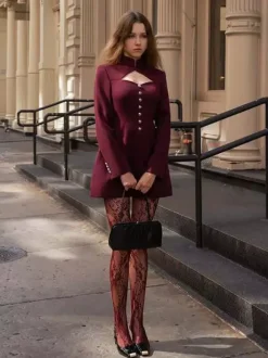 Cutout Long Sleeve Mini Dress For Women - Mock Neck Button Detail Dress - Spring Date Night Party 2026