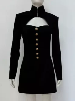 Cutout Long Sleeve Mini Dress For Women - Mock Neck Button Detail Dress - Spring Date Night Party 2026