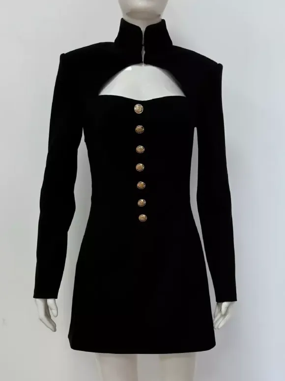 Cutout Long Sleeve Mini Dress For Women - Mock Neck Button Detail Dress - Spring Date Night Party 2026